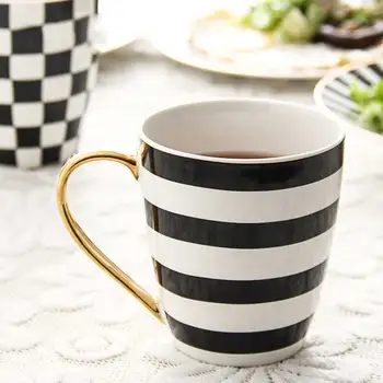 

Frends Gift Stripe Plaid Mug Coffee Mug Porcelain Tea Mugs Gold Handgrip Ceramic New Home Housewarming Wedding Black and White