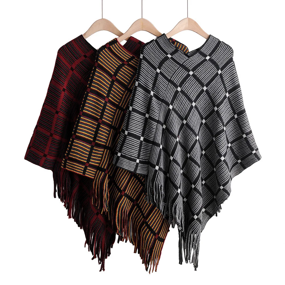

Mooirue Women Kintting Cloak With Tassel Loose Plus Size Streetwear V Neck Striped Plaid Vintage Pullover Korean Style Sweater