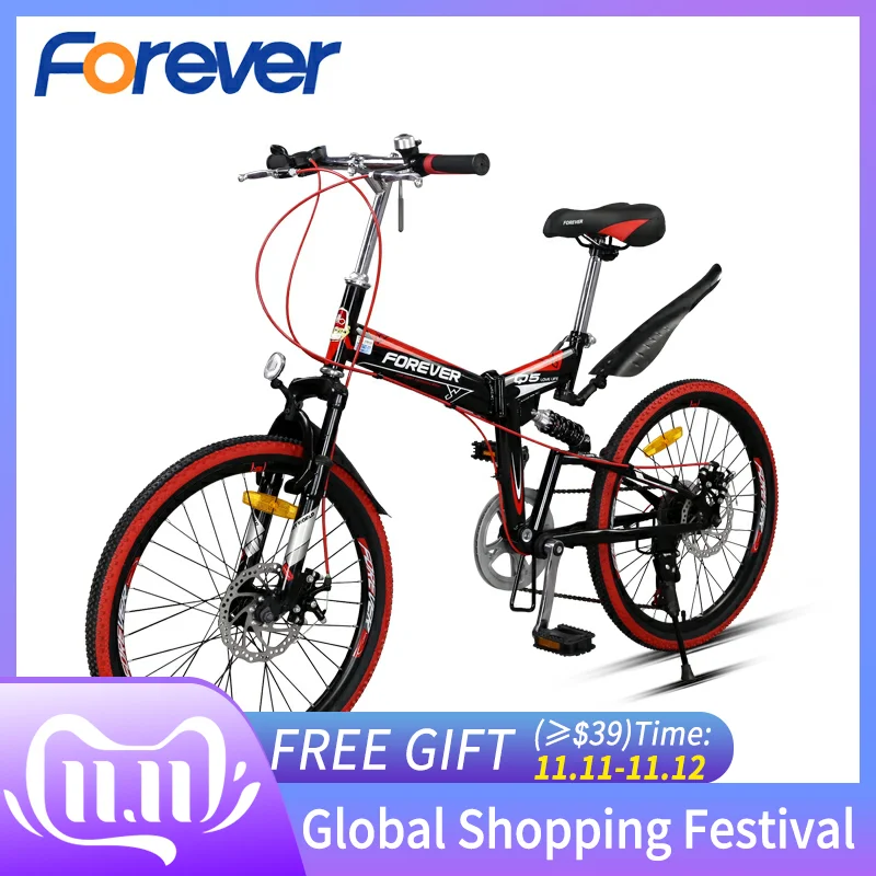 Discount FOREVER Folding Mountain Bike High Carbon Steel Bicycle Student Adult Mechanical Disc Brake Road Bike Fold-away MTB 22in 7 Speed 0