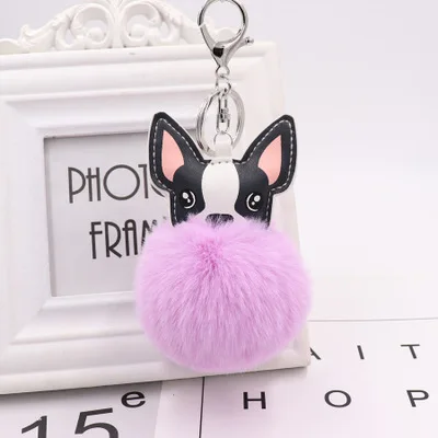 YS-7 Fluffy Rabbit Fur Ball French Bulldog Keychain Pompom Key Chain Pu Leather Animal Dog Keyring Holder Bag Charm Trinket Chaveiros - Color: YS-7