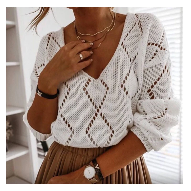 Women Long-sleeved Knitwear Autumn Casual V-Neck Diamond Hollow Loose Knitted T Shirts Casual Solid Cotton Top Clothes