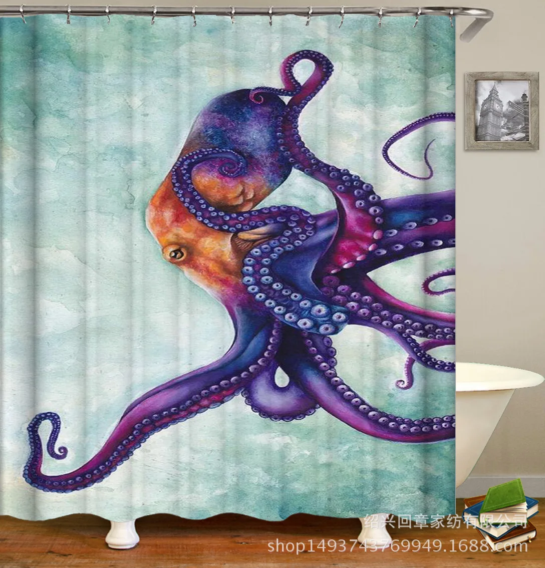 Bath Shadow Cool Digital Printing Shower Curtain Series Waterproof Mould Proof C- Shaped Plastic Hooks Pure tong kou yan Graphic
