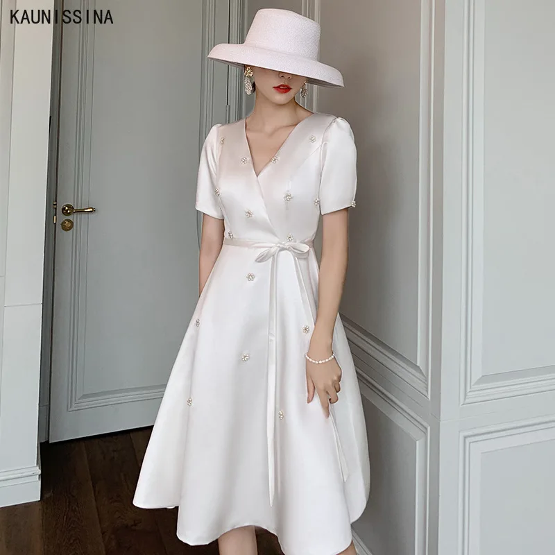 

KAUNISSINA элегантные туфли из шелка, коктейльные платья, женское платье с v-образным воротом, с коротким рукавом, расклешенного силуэта с Поясом Вечерние платья Формальные платья для вечера встречи выпускников платье