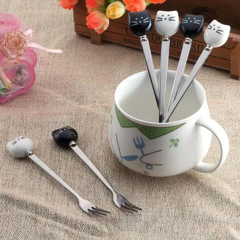 Stainless Steel Spoon Fork 1pc Cartoon Cat Spoon Fork Long Coffee Stirring Spoon Fruit Fork Stainless Steel With Ceramic Cat Handle stainless steel spoon stainless steel fork tea spoon