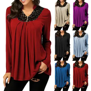

Women Solid Color Long Sleeve Lacework V Neck Pleated Loose Plus Size Blouse