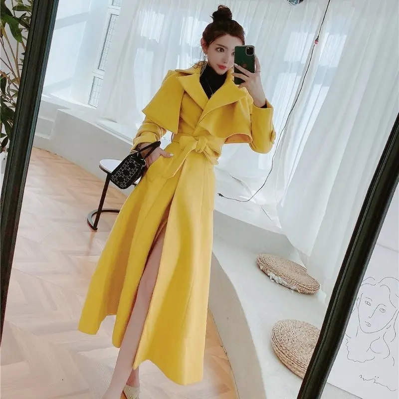 Autumn Winter New Full Sleeve Thick Warm Fashion Yellow coats Women Woolen Coat