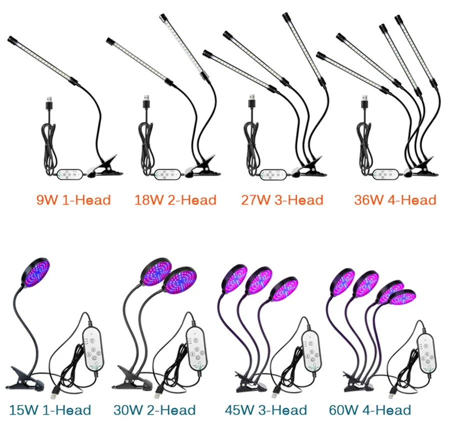 Full Spectrum Phytolamps DC5V USB LED Grow Light with Timer 15W 30W 45W 60W Desktop Clip Phyto Lamps for Plants Flowers Grow Box (001)