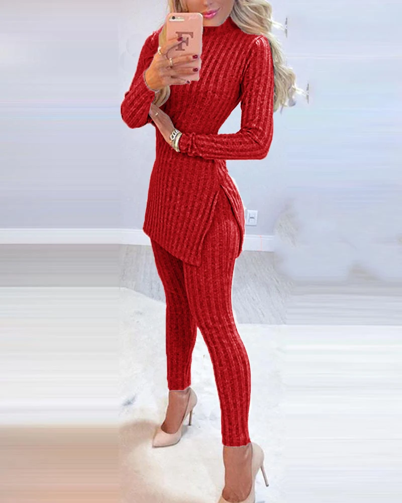 Costume 2 pièces pour femmes, manches longues, fente côtelée, haut Long et taille haute, pantalon crayon tricoté, ensemble d'hiver