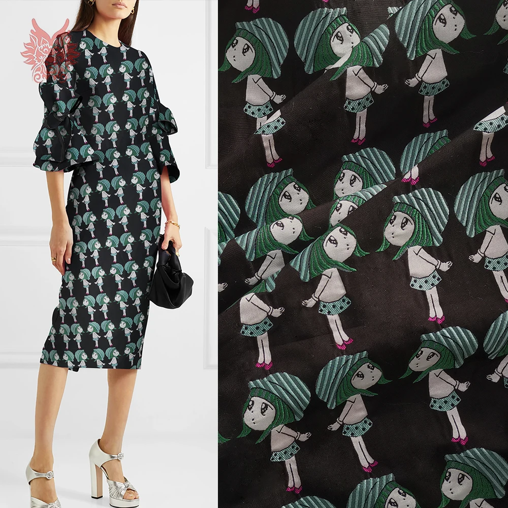 Американский стиль, черная с милым зеленым детская жаккардовая парчовая ткань для платья, пальто, ткань для шитья, tela tecidos SP4488