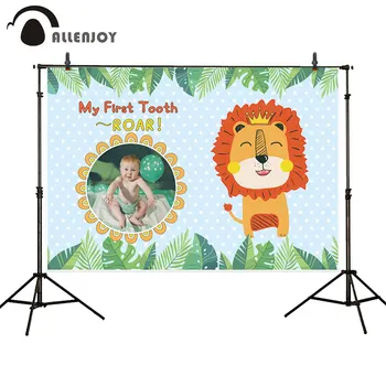 

Allenjoy Lion My First Tooth Background Safari Party Birthday Backdrop Customized Decoration Photo Booth Photocall Photozone