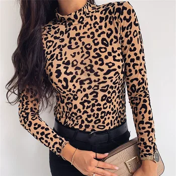 

2019 Women Leopard Print Turtleneck T-shirt Blouse Fall Autumn Long Sleeve Mesh See Through T-shirts Party Tops Underwear New