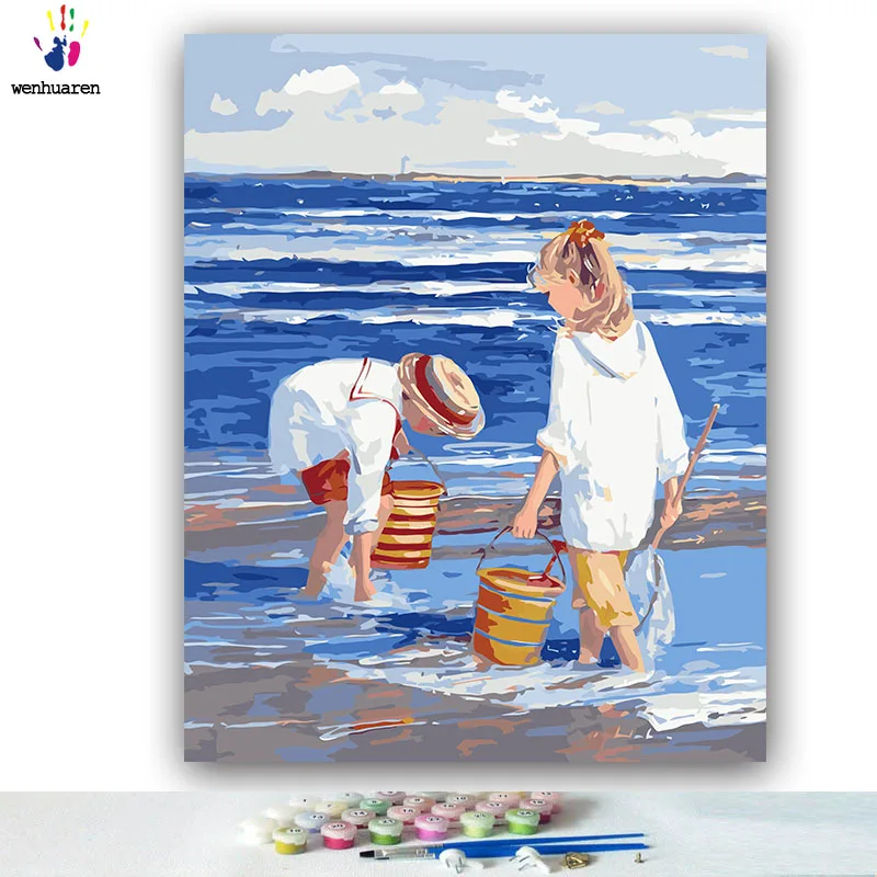 DIY картинки для раскраски по номерам с цветами игра на пляже у моря картина Рисование Живопись по номерам в рамке дома