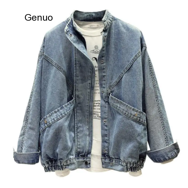 Spring Denim Coat Women Mandarin Collar Single Breasted Solid Vintage Jeans Jacket Female Loose Streetwear Jackets shuchan sweaters men england style 100% cashmere winter warm single breasted business winter mandarin collar thick