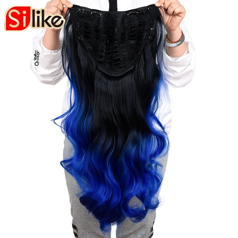  220g U Part Clips In Hair Upgrade Clip Hair Extension Synthetic Natural Wavy Hair Half Wig Blue Pin