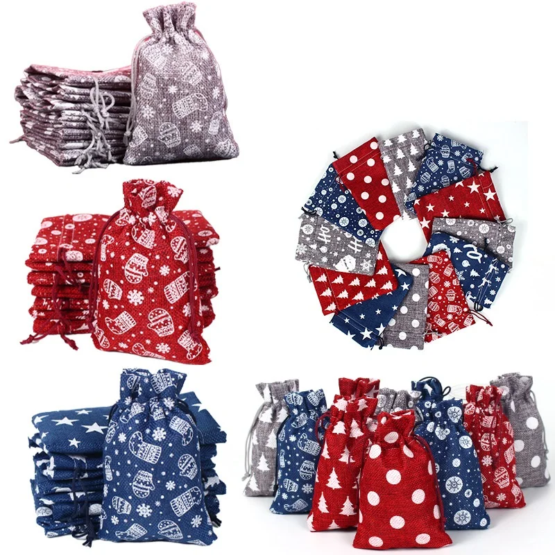 50pcs/Lot 10x14cm Red/Blue/Gray Cotton Fabric Christmas New Year Pouches Grocery Drawstring Bags Gift Candy Storage Bags