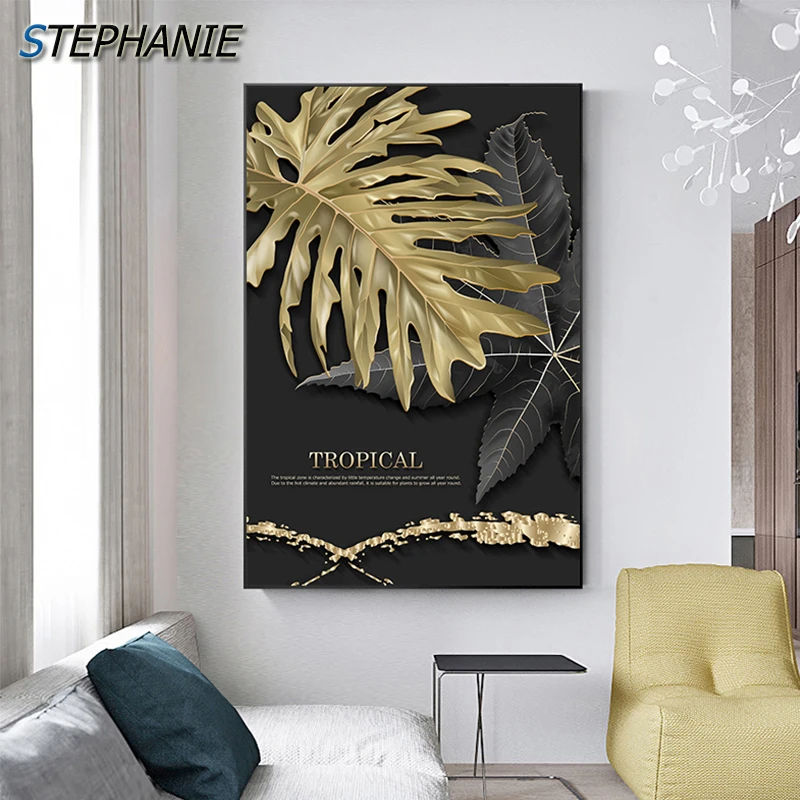 Black Gold Leaf Holiday Decor Abstract Canvas Painting Luxury Wall Art Picture for Bedroom Christmas Theme Tableaux Poster Print | Дом и сад