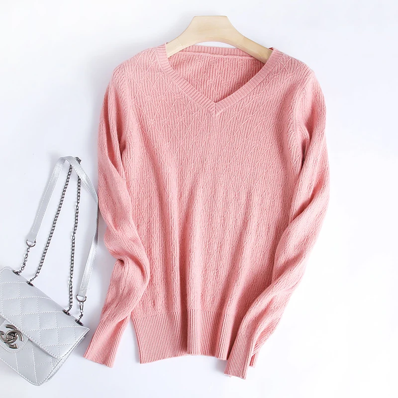 LHZSYY Осень Зима женский свитер из чистого кашемира короткий Свободный вязаный пуловер с v-образным вырезом однотонная теплая Блузка высокого качества - Цвет: Розовый