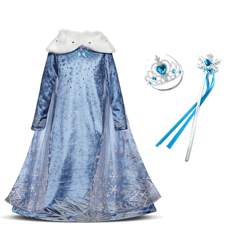 Детское платье для девочек; Рождественский костюм Эльзы, Снежной Королевы; 2; одежда Эльзы; детский осенний праздничный костюм на день рождения; аксессуары - Цвет: Dress and Set-1