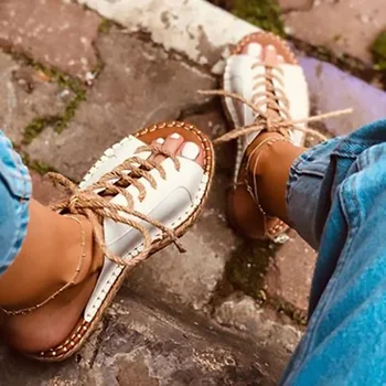 

2020 New Summer Platform Slippers Women Lace Up Leather Slides Sandals Shoes Outdoor Beach Slippers Open Toe Flip Flops 42 43