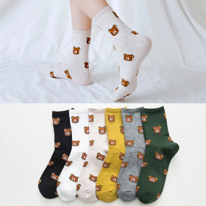 

Cute Women's Socks Fashion Kawai Cartoon Combed Cotton Funny Bear 5 Colors Korean College Wind a Pair of Socks Size:35-40