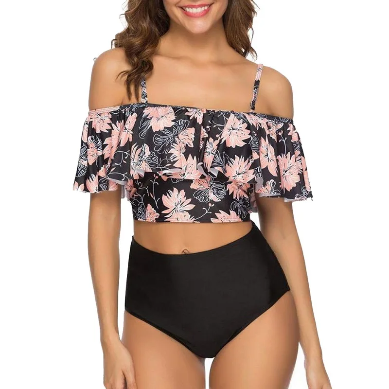 

2020 Two Piece Swimsuit Swimwear Women Print Ruffle Swimsuit Floral Monokini Female Padded Bathing Suits Beach Wear Summer