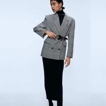 

ZA Fashion Winter Outwear Grid Wool Coat for Women Statement Casual Trench Double Breasted Vintage Washed Coat Warm Woolen Tops