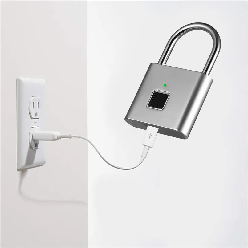 

Black/Silver Fingerprint Keyless USB Rechargeable Door Lock Fingerprint Smart Zinc Alloy Padlock Quick Unlock Waterproof Chip