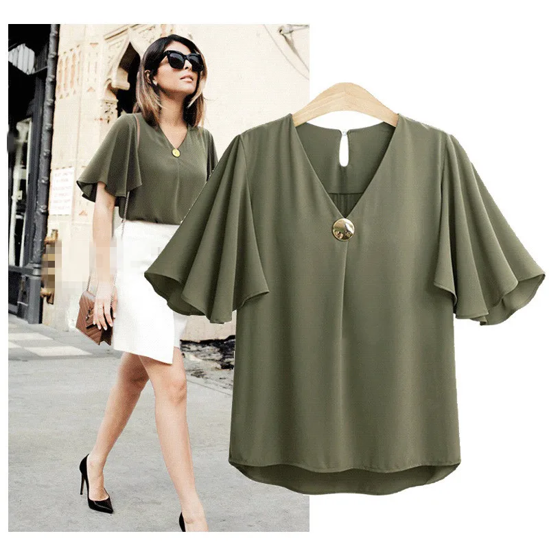 

Large Size Summer Base Shirt Fat Mm Loose-Fit Slimming Chiffon Blouse WOMEN'S Dress V-neck T-shirt Short-sleeved Top K217