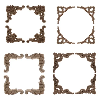 

4PCS Wooden Carving Decal Floral Wood Carved Corner Applique for Furniture Cabinet Door Frame Wall Home Decor Crafts Hot Sale