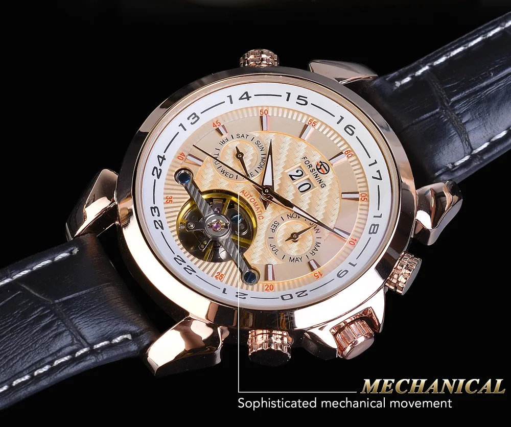 Forsining Rose Golden Tourbillon Мужские деловые часы Автоматические Большие Аналоговые часы с датой из натуральной кожи деловые спортивные часы Relogio