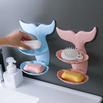 

Mermaid Shape Double Layers Soap Holder Soap Box No Trace Self-adhesive Soap Draining Dish Wall Shelf Bathroom Accessories