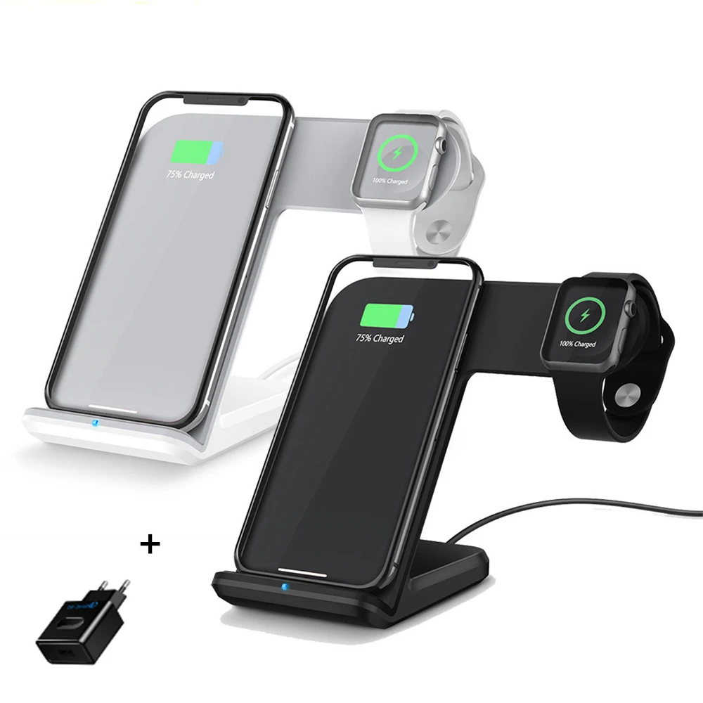 

2 in 1 Fast Qi Wireless Charger For Apple Watch 4 3 2 8 Plus X Xs Max XR QC 3.0 USB Charge Dock Station