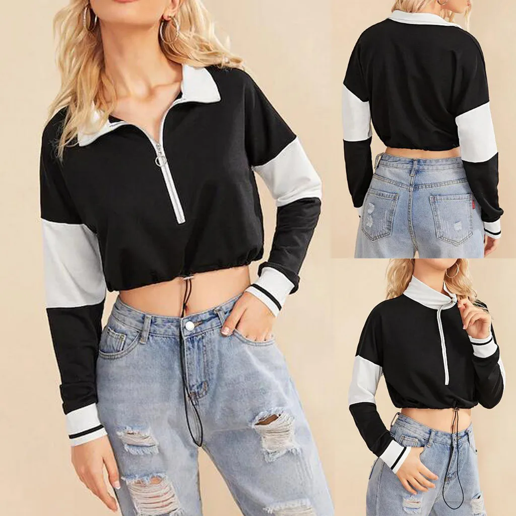 Jaycosin 2019 Fashion Autumn Women Zipper Patchwork Sweatshirt Stylish Long Sleeve Comfortable Casual Pullover Blouse Top 104#10