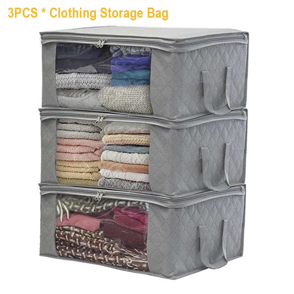 3pcs Home Clear Window Packing Container Travel Bedding Quilt Organizer Zipper Foldable Clothing Storage Bag Non Woven Dustproof