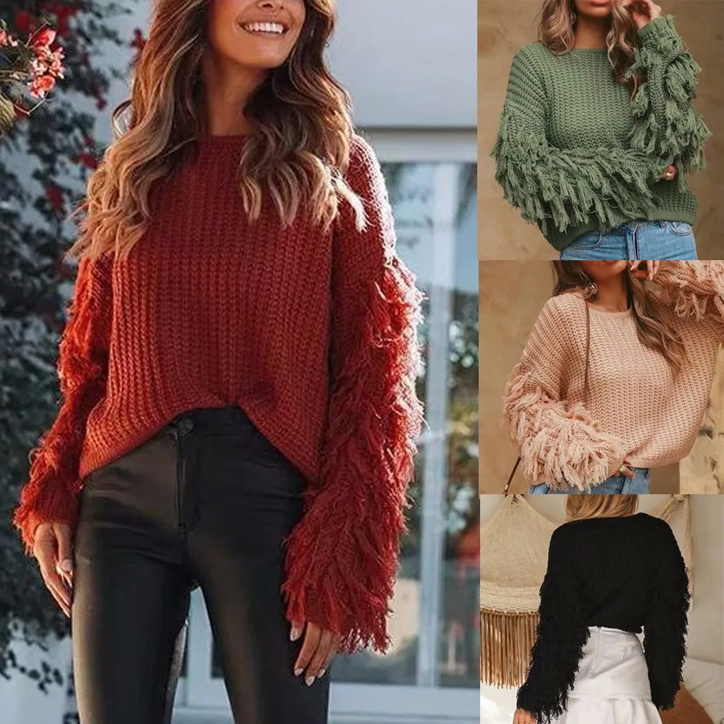 Women Casual Knit Sweater Autumn Solid Pullovers Tops O-Neck Tassel Long Sleeve Loose Sweaters Blouse Женский свитер | Женская