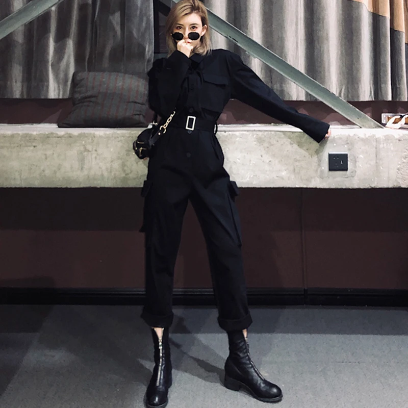 Streetwear Sashes Rompers Women Long Sleeve Jumpsuit Combinaison Femme Autumn Ladies Casual Pockets Cargo Overalls - Цвет: Черный