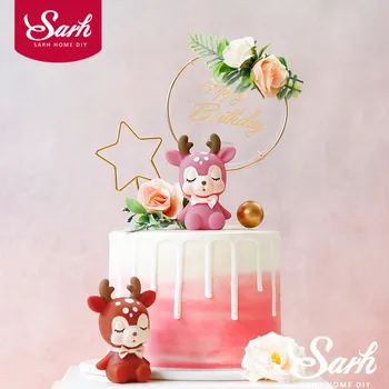 

Fawn Sika Deer Cake Toppers Star Artificial Flower Decorations for Birthday Party Supplies Wedding Baby Shower Baking Love Gifts