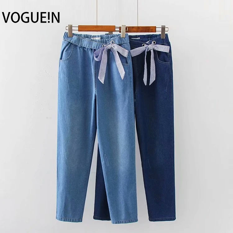 

VOGUEIN New Womens Denim Bow Belt Jean Pockets Elastic Waist Pants Trousers 2 Colors Wholesale