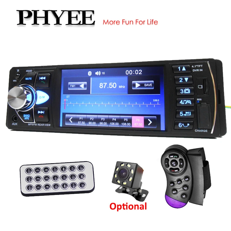 1 din rádio do carro bluetooth 4 "hd vídeo mp5 player a2dp música handsfree fm usb tf aux unidade de cabeça do sistema áudio da câmera phyee 4022d