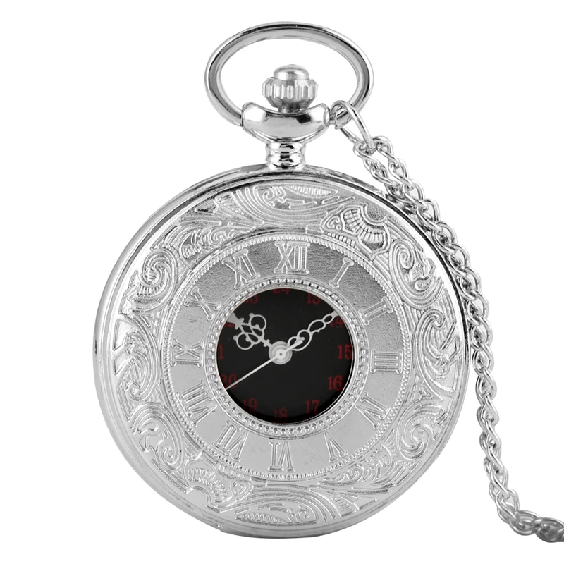 Black Roman Numerals Quartz Pocket Watch Men Women Black Hollow Case Steampunk Vintage Pendant Necklace Best Gifts for Men Women - Цвет: silver 80cm Chain