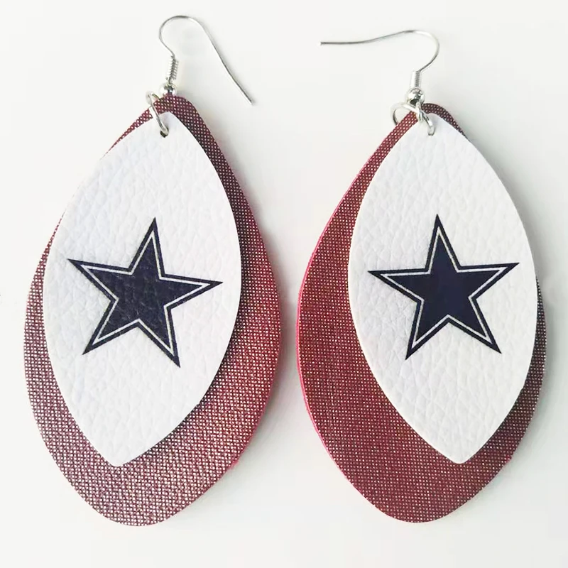 New! Dallas Cowboy Double Layer Glitter Football Fans Faux Leather Earrings Fahion Teardrop Leaf Earrings We Can Customize Stock