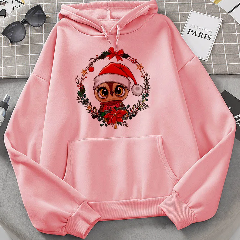 

Hoodies Women Harajuku Pullovers Cute Kawaii Owl with Christmas hat Printed Casual Tops Winter Hooded Sweatshirt Long Sleeves