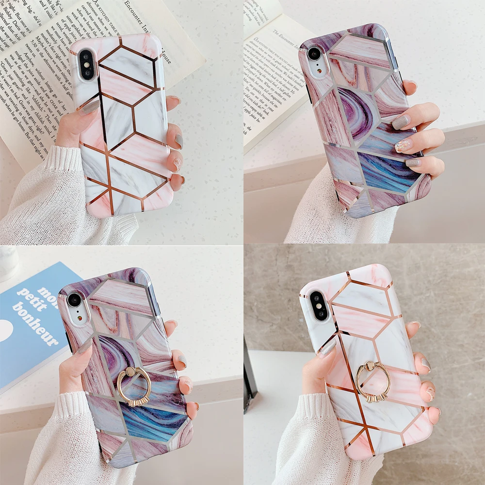 

TIKITAKA Luxury Geometric Marble Texture Phone Cases For iPhone XR XS Max 6 6S 7 8 Plus X Soft IMD Electroplated Back Cover Capa