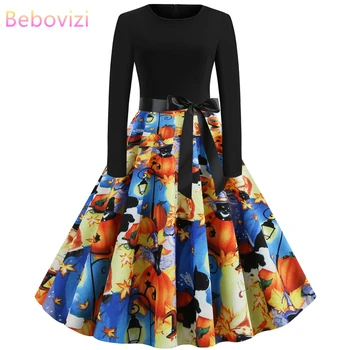 

Bebovizi Women Clothes 2019 Black Long Sleeve Pumpkins Print Halloween Elegant Party Dress Casual Autumn Winter Vintage Dresses
