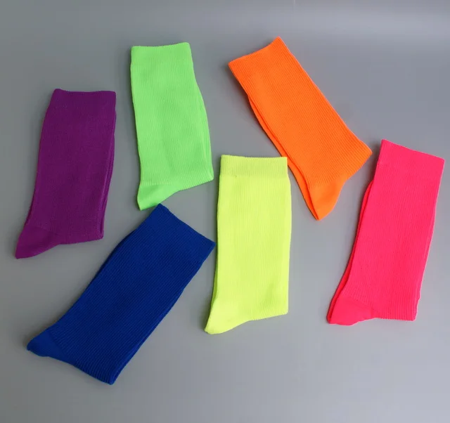 Горячая Распродажа, 6 пар в партии, неоновые цветные носки с круглым вырезом, яркий флуоресцентный цветной носок в мелкую полоску