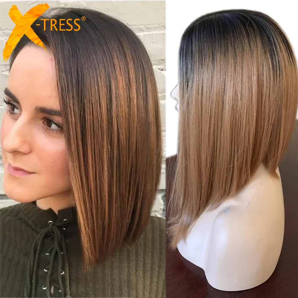 

Ombre Brown Colored Synthetic Hair Wigs For Black Women X-TRESS High Temperature Fiber Side Part Straight Short Machine Made Wig