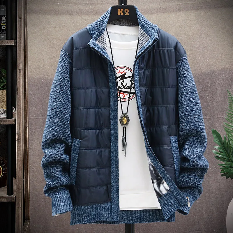 Sweater Men Autumn Winter Knit Cardigan Loose Large Size Jumpers Splicing Thick Fleece Warm Patchworked Jacket Male Windbreaker