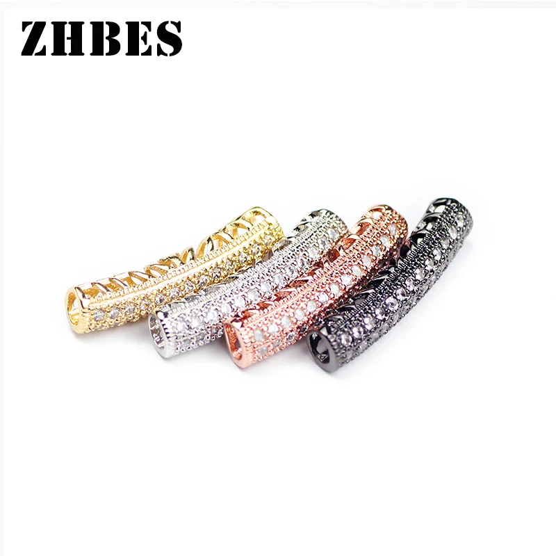 

Metal Pave White Zircon Long Bending tube Spacers Balls CZ Loose Beads For Jewelry Bracelet Making DIY Copper Crystal Findings