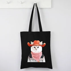 Cat Tote Bag Country Style Canvas Tote Bag Animal Prints Western Cowboy Totebag Reusable Shopping Bag Fashion Cute