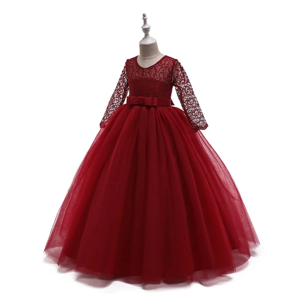 Кружевные вечерние платья для девочек с короткими рукавами и цветочным принтом; торжественное платье принцессы из тюля; детское платье для выступлений; vestido infantil - Цвет: Wine Red